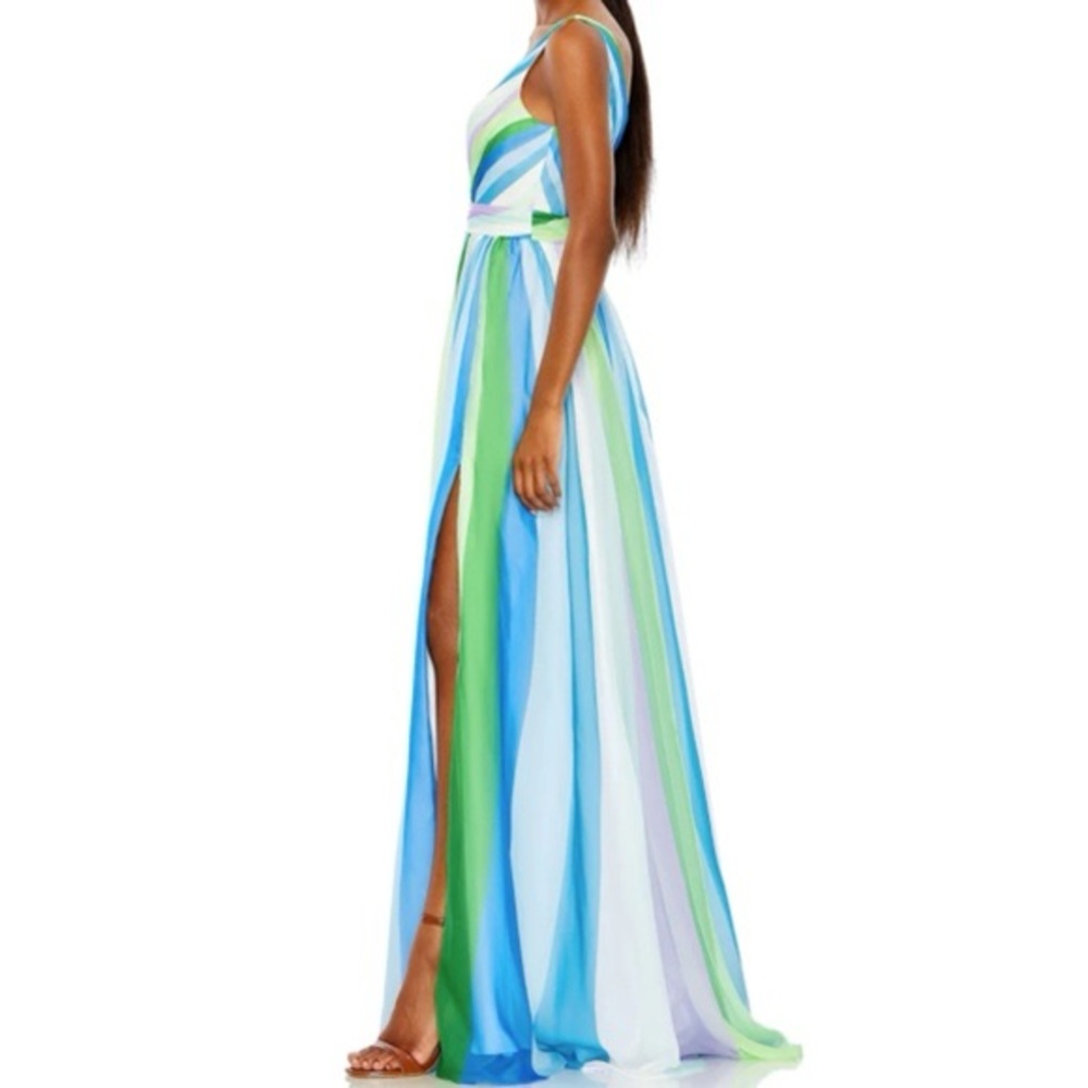 MAC DUGGAL | blue green multicolor stripe plunge maxi gown 4 - Picture 2 of 14